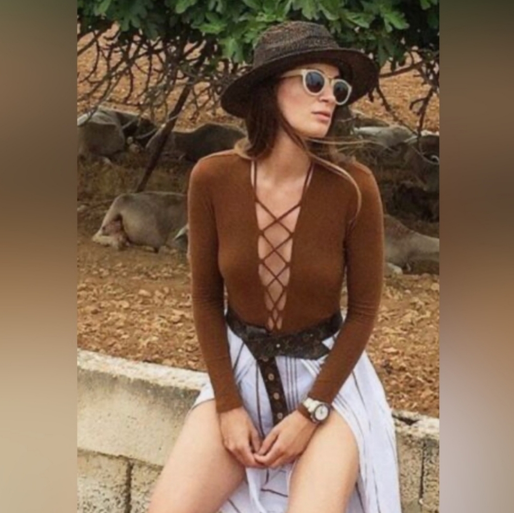 Reformation Tan Long Sleeve Cut Out Bodysuit